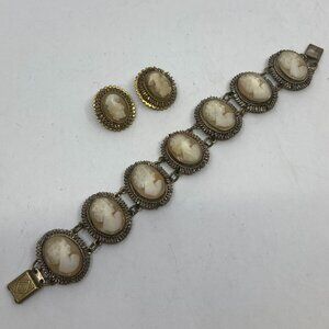 Vtg antique Edwardian victorian cameo earrings bracelet signed GM